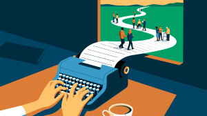 An illustration of two hands typing on a typewriter in front of an open window through which the typescript unfolds into the distance. Many writers travel upon the path created by the paper, all of them engaging one another in conversation. A cup of tea rests next to the typewriter.