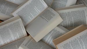A lot of opened books lying haphazardly on the ground