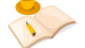 Illustration of an open notebook with a pencil, next to a cup on a saucer
