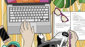 Colored line drawing. Birdseye view of a table with a laptop, a hand typing, a journal, a pair of reading glasses, a smartphone, a cup of coffee, and a cute doggie face poking up into the picture.