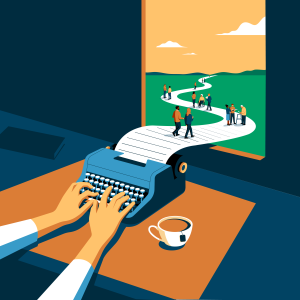 An illustration of two hands typing on a typewriter in front of an open window through which the typescript unfolds into the distance. Many writers travel upon the path created by the paper, all of them engaging one another in conversation. A cup of tea rests next to the typewriter.